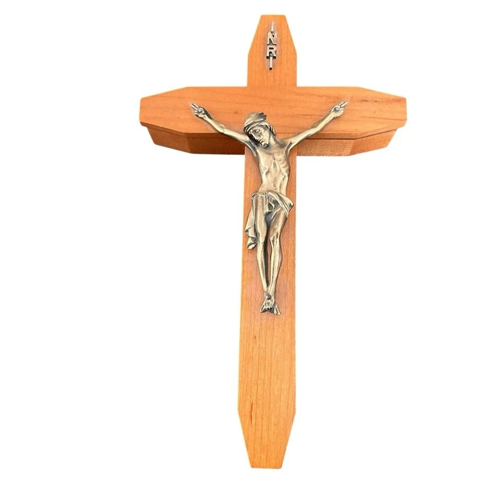 VINTAGE INRI OAK WOOD CRUCIFIX‎ WALL CROSS WITH INLAYS CANDLE HOLDER
